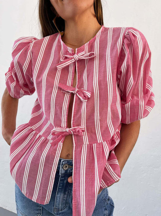 Blouses- Lovely in Stripes Women's Tie-Up Puff Sleeves Blouse with Romantic Touch- Red- IndioGear Fashion and Gear