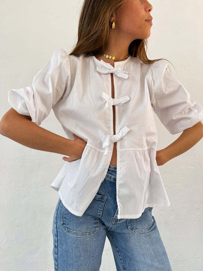 Blouses- Lovely in Stripes Women's Tie-Up Puff Sleeves Blouse with Romantic Touch- White- IndioGear Fashion and Gear