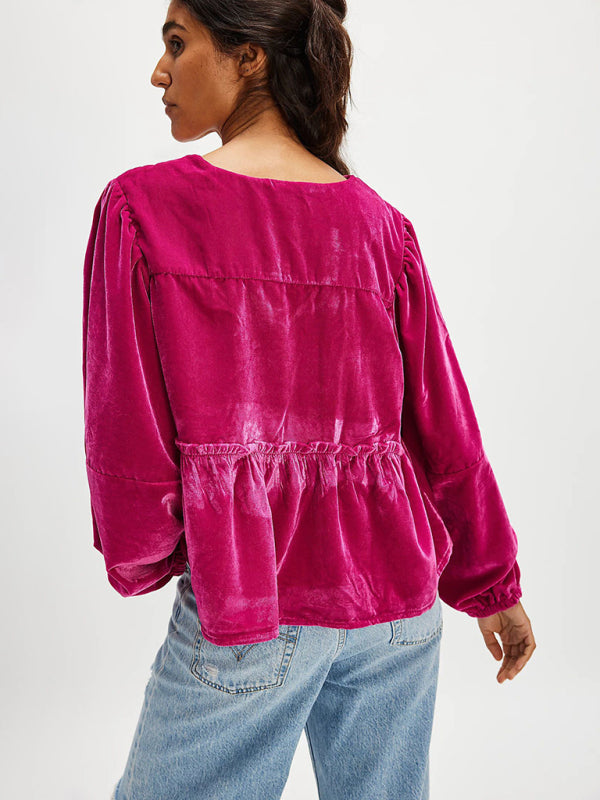 Blouses- Mustard Velvet Peplum Blouse Tie-Up Velour Top- Rose- IndioGear Women Clothing