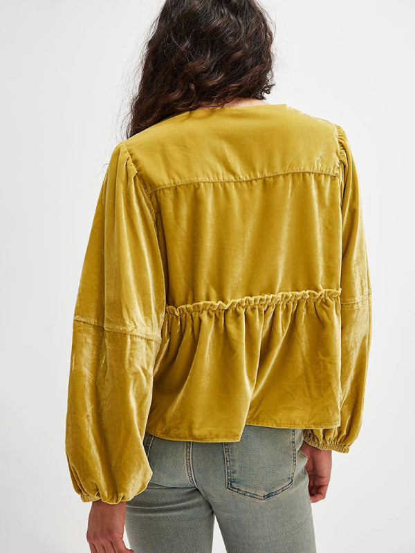 Blouses- Mustard Velvet Peplum Blouse Tie-Up Velour Top- - IndioGear Women Clothing