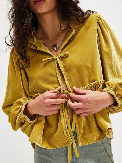 Blouses- Mustard Velvet Peplum Blouse Tie-Up Velour Top- Yellow- IndioGear Women Clothing