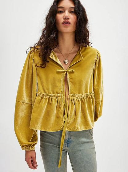 Blouses- Mustard Velvet Peplum Blouse Tie-Up Velour Top- - IndioGear Women Clothing