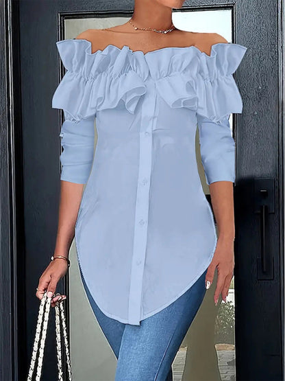 Blouses- Off-Shoulder Ruffle Blouse Tailored Long Sleeve Top- Blue- IndioGear Women Clothing