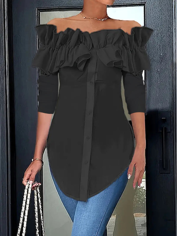 Blouses- Off-Shoulder Ruffle Blouse Tailored Long Sleeve Top- Black- IndioGear Women Clothing