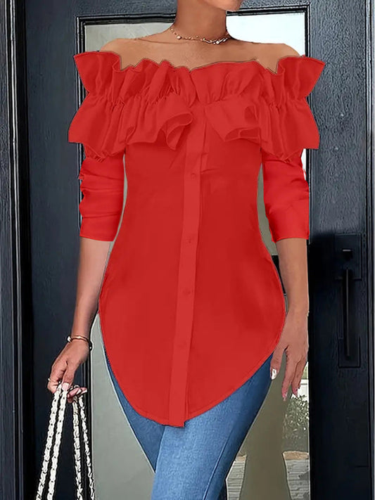 Blouses- Off-Shoulder Ruffle Blouse Tailored Long Sleeve Top- Red- IndioGear Women Clothing