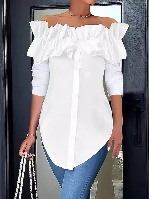 Blouses- Off-Shoulder Ruffle Blouse Tailored Long Sleeve Top- White- IndioGear Women Clothing