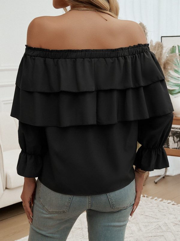 Blouses- Off-Shoulder Ruffle Blouse with Long Sleeves- - IndioGear.com