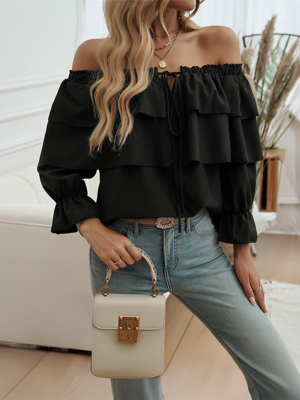 Blouses- Off-Shoulder Ruffle Blouse with Long Sleeves- - IndioGear.com