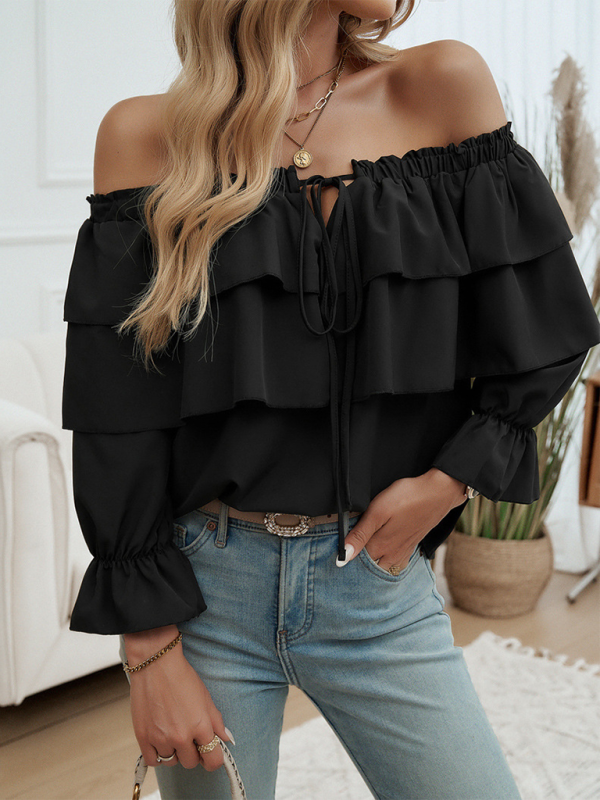 Blouses- Off-Shoulder Ruffle Blouse with Long Sleeves- - IndioGear.com