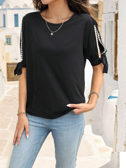 Blouses- Pom-Pom Accented Blouse Women Cold-Shoulder Top- - IndioGear.com