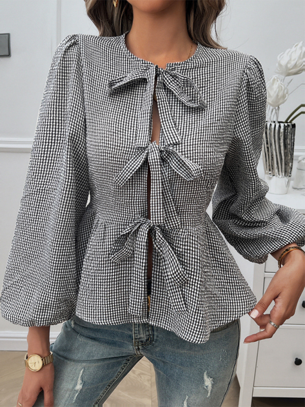 Blouses- Pretty in Plaid Bow-Tie Blouse for Women- - IndioGear.com