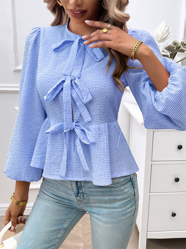 Blouses- Pretty in Plaid Bow-Tie Blouse for Women- - IndioGear.com