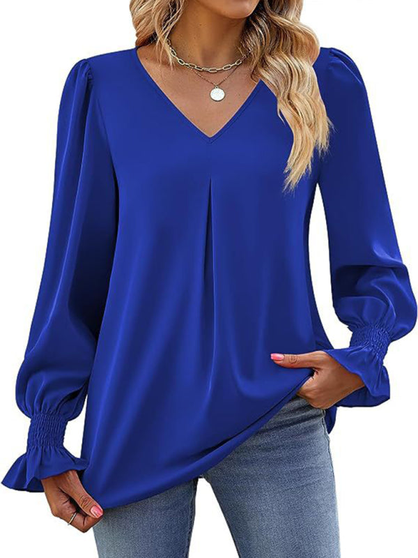 Blouses- Romantic V-Neck Chiffon Blouse with Ruffle Cuffs- - IndioGear Women Clothing