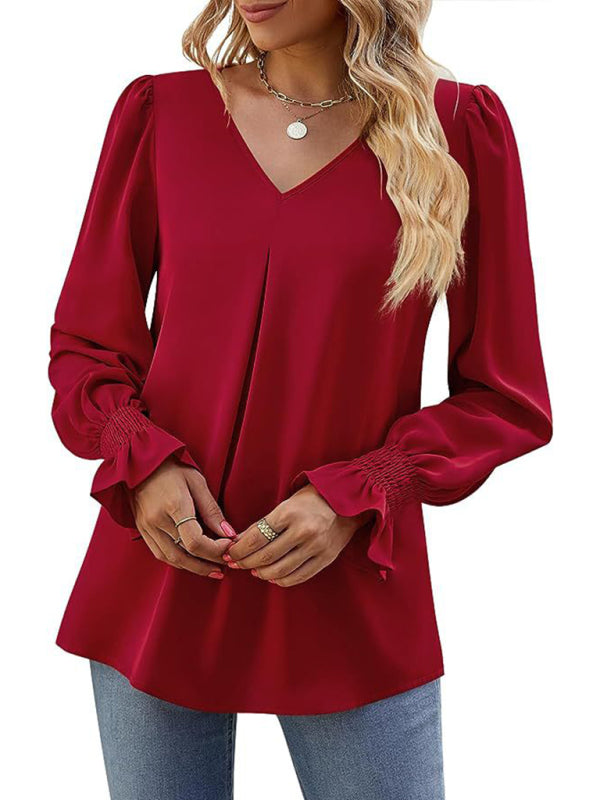 Blouses- Romantic V-Neck Chiffon Blouse with Ruffle Cuffs- - IndioGear Women Clothing