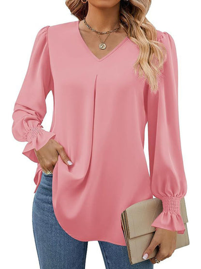 Blouses- Romantic V-Neck Chiffon Blouse with Ruffle Cuffs- Pink- IndioGear Women Clothing