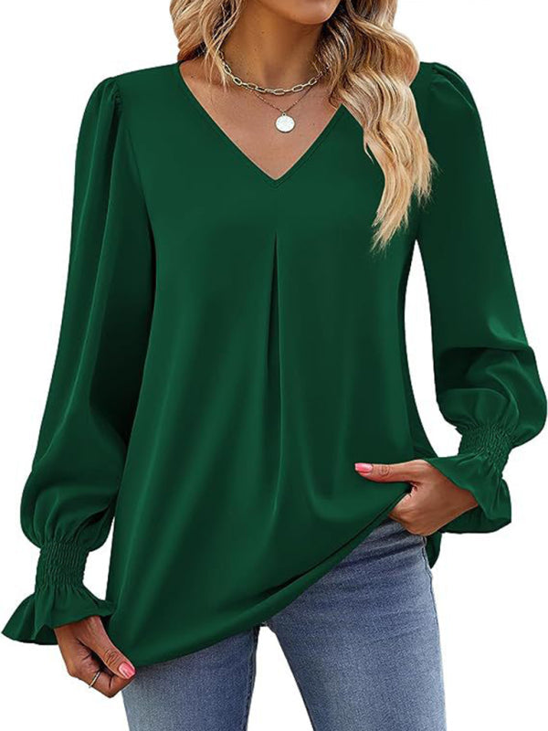 Blouses- Romantic V-Neck Chiffon Blouse with Ruffle Cuffs- - IndioGear Women Clothing