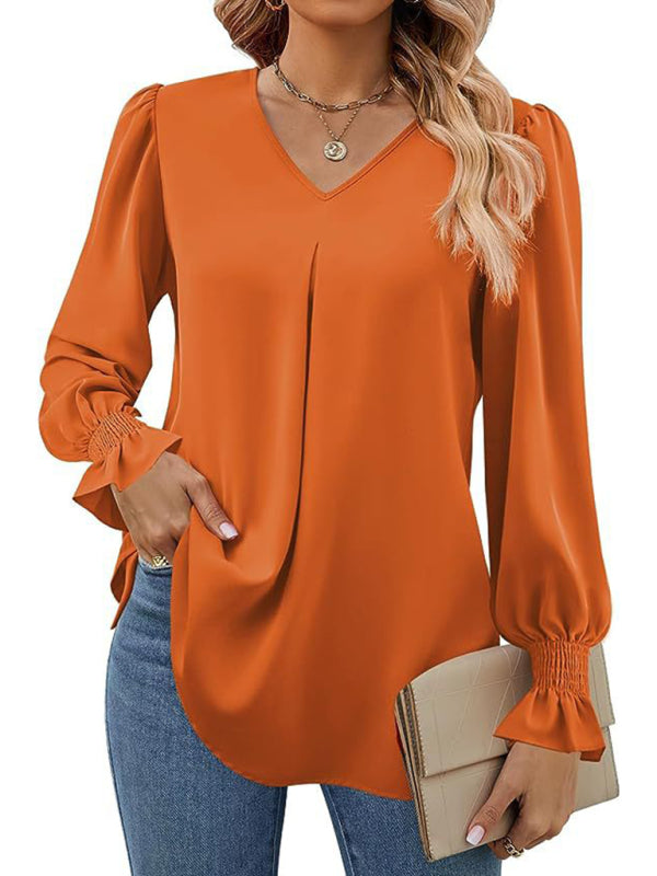 Blouses- Romantic V-Neck Chiffon Blouse with Ruffle Cuffs- Orange- IndioGear Women Clothing