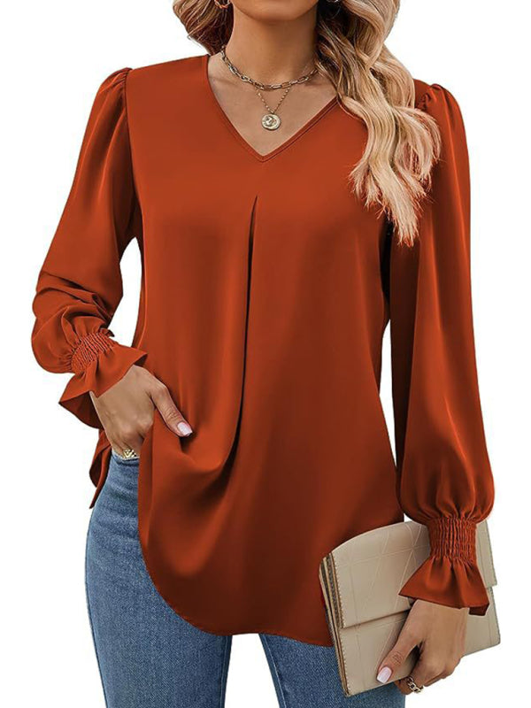 Blouses- Romantic V-Neck Chiffon Blouse with Ruffle Cuffs- caramel- IndioGear Women Clothing