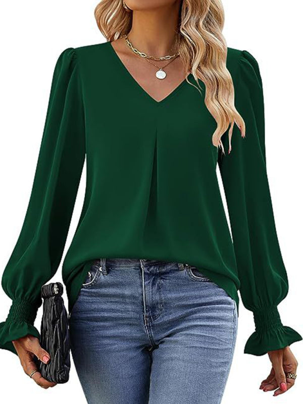 Blouses- Romantic V-Neck Chiffon Blouse with Ruffle Cuffs- - IndioGear Women Clothing