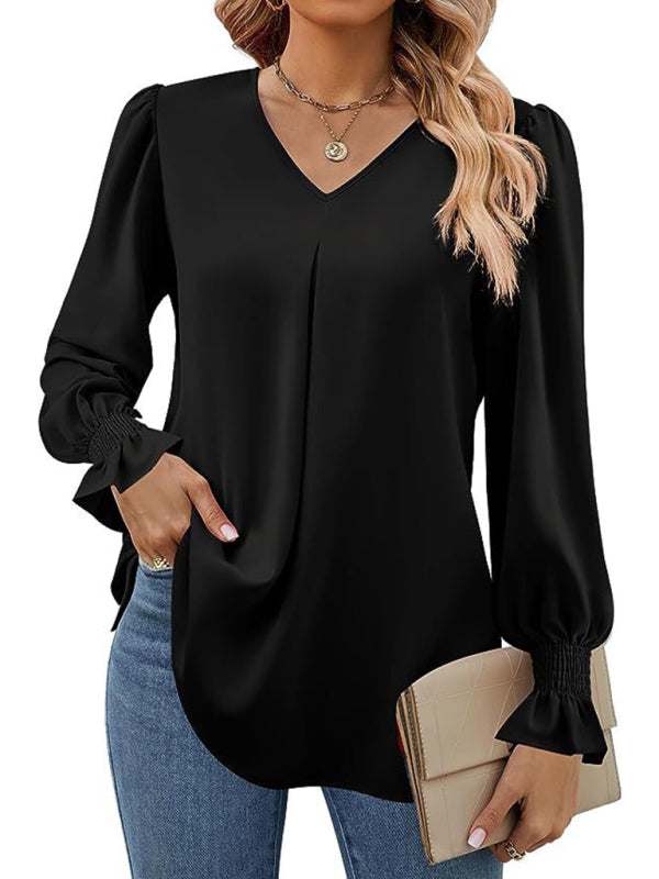 Blouses- Romantic V-Neck Chiffon Blouse with Ruffle Cuffs- Black- IndioGear Women Clothing