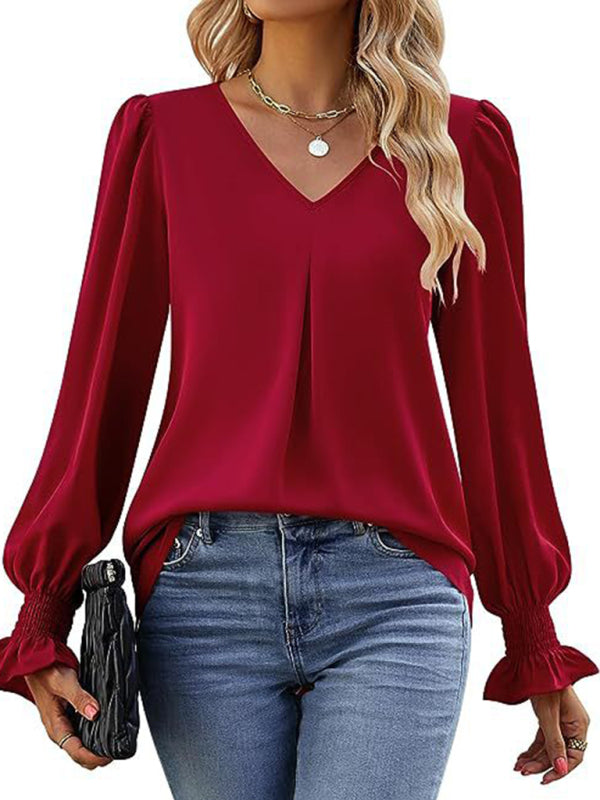 Blouses- Romantic V-Neck Chiffon Blouse with Ruffle Cuffs- - IndioGear Women Clothing