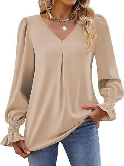 Blouses- Romantic V-Neck Chiffon Blouse with Ruffle Cuffs- - IndioGear Women Clothing