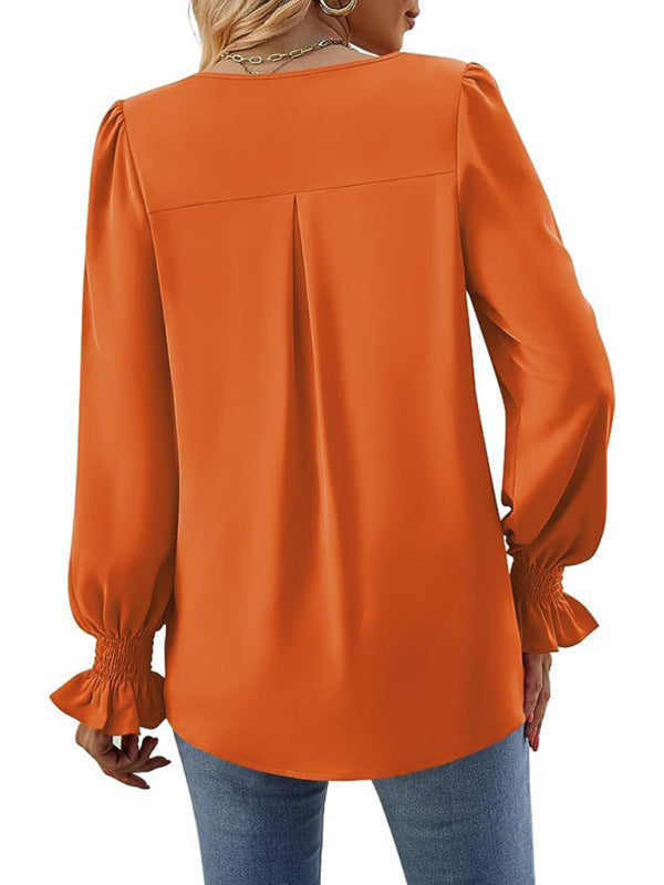 Blouses- Romantic V-Neck Chiffon Blouse with Ruffle Cuffs- - IndioGear Women Clothing