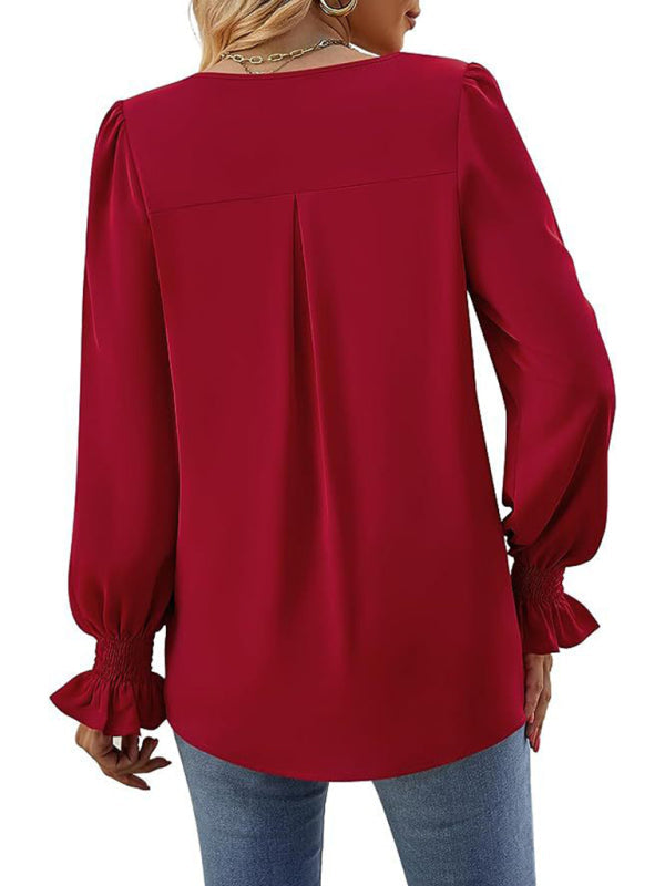 Blouses- Romantic V-Neck Chiffon Blouse with Ruffle Cuffs- - IndioGear Women Clothing