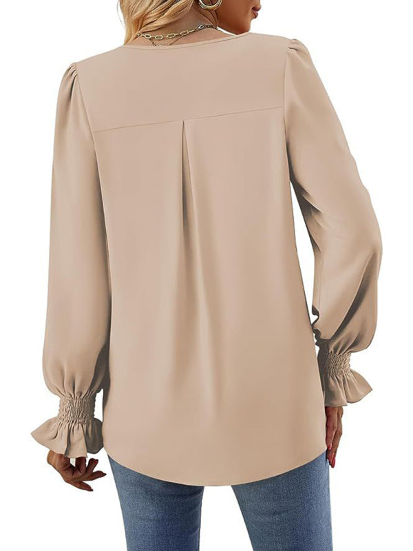 Blouses- Romantic V-Neck Chiffon Blouse with Ruffle Cuffs- - IndioGear Women Clothing