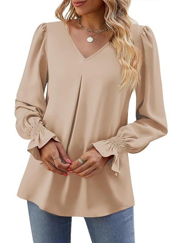 Blouses- Romantic V-Neck Chiffon Blouse with Ruffle Cuffs- - IndioGear Women Clothing