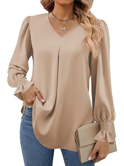 Blouses- Romantic V-Neck Chiffon Blouse with Ruffle Cuffs- - IndioGear Women Clothing