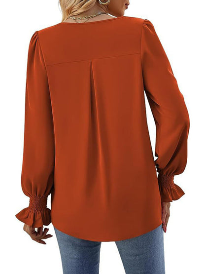 Blouses- Romantic V-Neck Chiffon Blouse with Ruffle Cuffs- - IndioGear Women Clothing