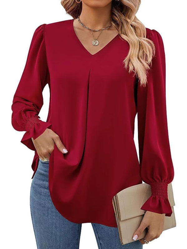 Blouses- Romantic V-Neck Chiffon Blouse with Ruffle Cuffs- - IndioGear Women Clothing