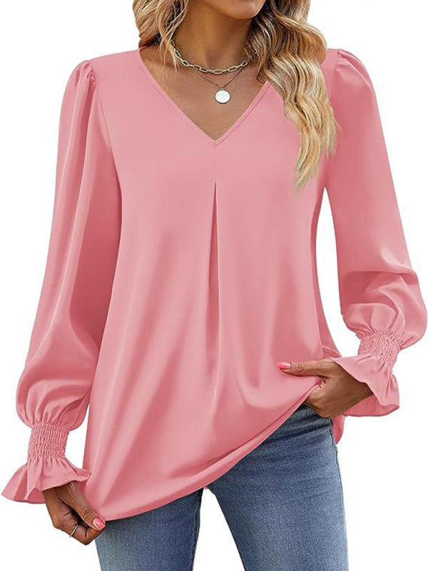 Blouses- Romantic V-Neck Chiffon Blouse with Ruffle Cuffs- - IndioGear Women Clothing