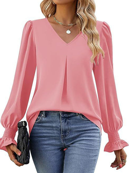 Blouses- Romantic V-Neck Chiffon Blouse with Ruffle Cuffs- - IndioGear Women Clothing