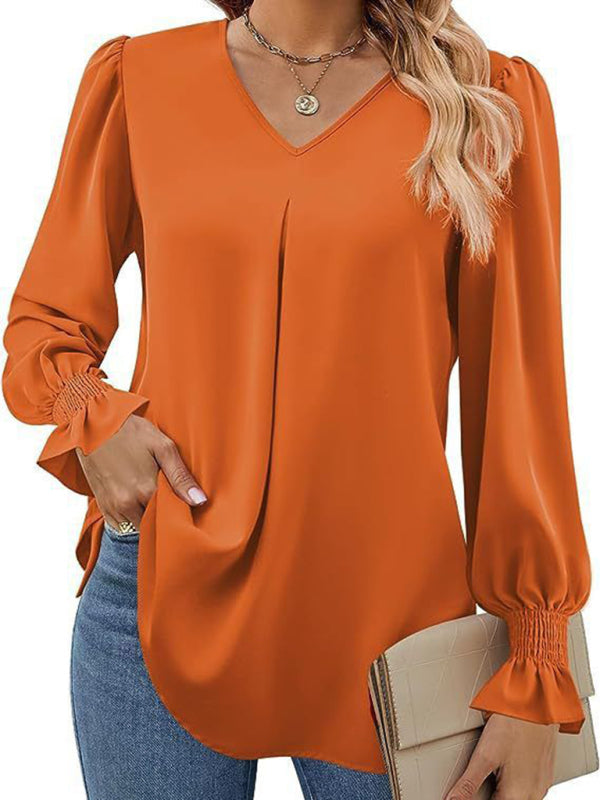 Blouses- Romantic V-Neck Chiffon Blouse with Ruffle Cuffs- - IndioGear Women Clothing