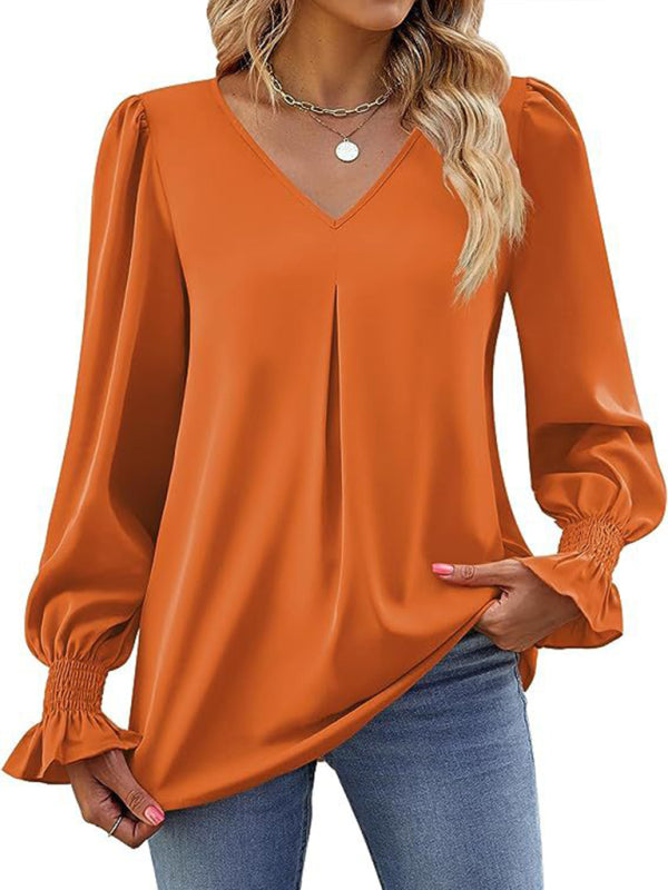 Blouses- Romantic V-Neck Chiffon Blouse with Ruffle Cuffs- - IndioGear Women Clothing