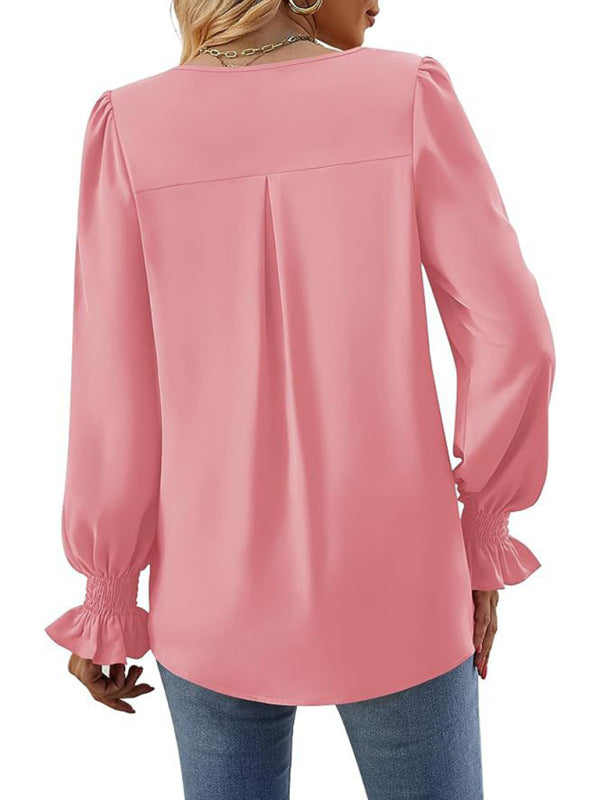 Blouses- Romantic V-Neck Chiffon Blouse with Ruffle Cuffs- - IndioGear Women Clothing