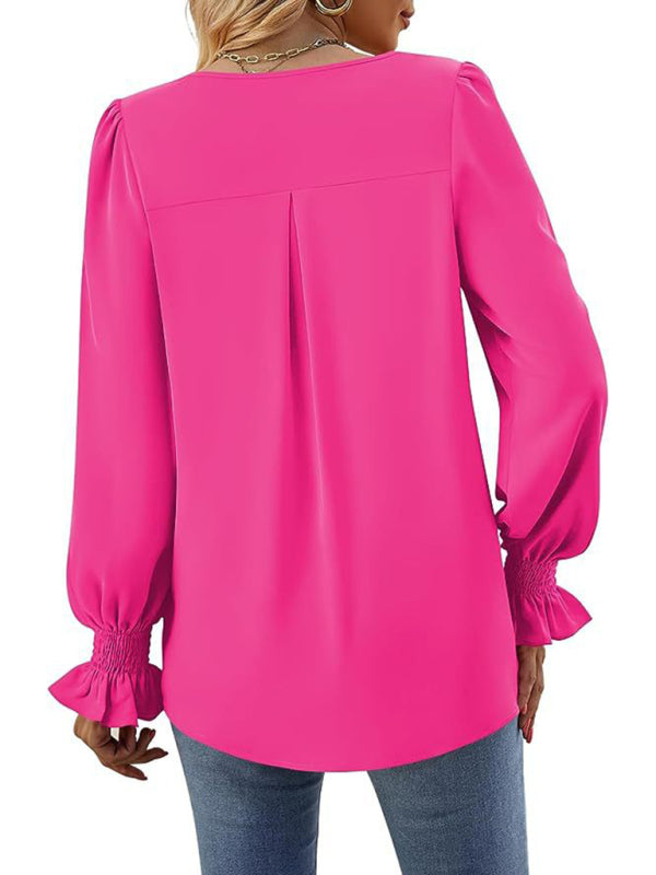 Blouses- Romantic V-Neck Chiffon Blouse with Ruffle Cuffs- - IndioGear Women Clothing