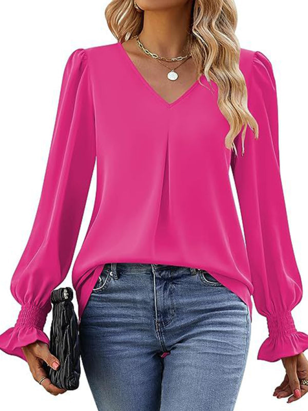 Blouses- Romantic V-Neck Chiffon Blouse with Ruffle Cuffs- - IndioGear Women Clothing