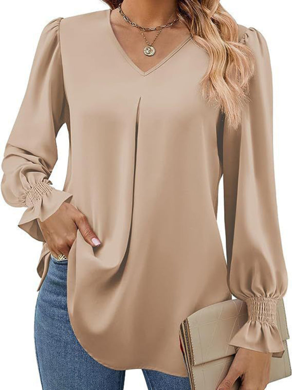 Blouses- Romantic V-Neck Chiffon Blouse with Ruffle Cuffs- Khaki- IndioGear Women Clothing