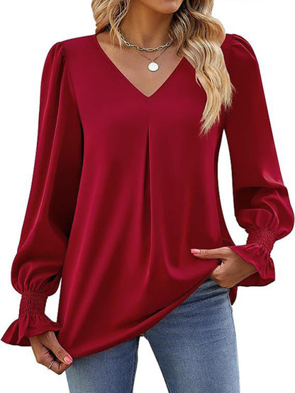 Blouses- Romantic V-Neck Chiffon Blouse with Ruffle Cuffs- Wine Red- IndioGear Women Clothing