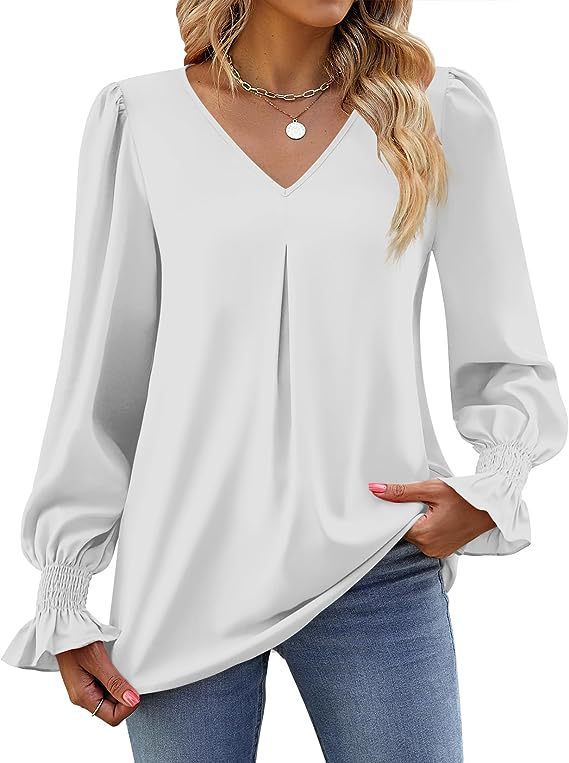 Blouses- Romantic V-Neck Chiffon Blouse with Ruffle Cuffs- White- IndioGear Women Clothing