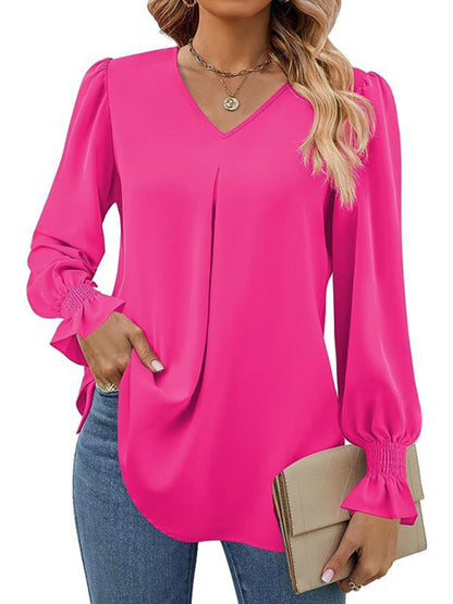 Blouses- Romantic V-Neck Chiffon Blouse with Ruffle Cuffs- Rose- IndioGear Women Clothing