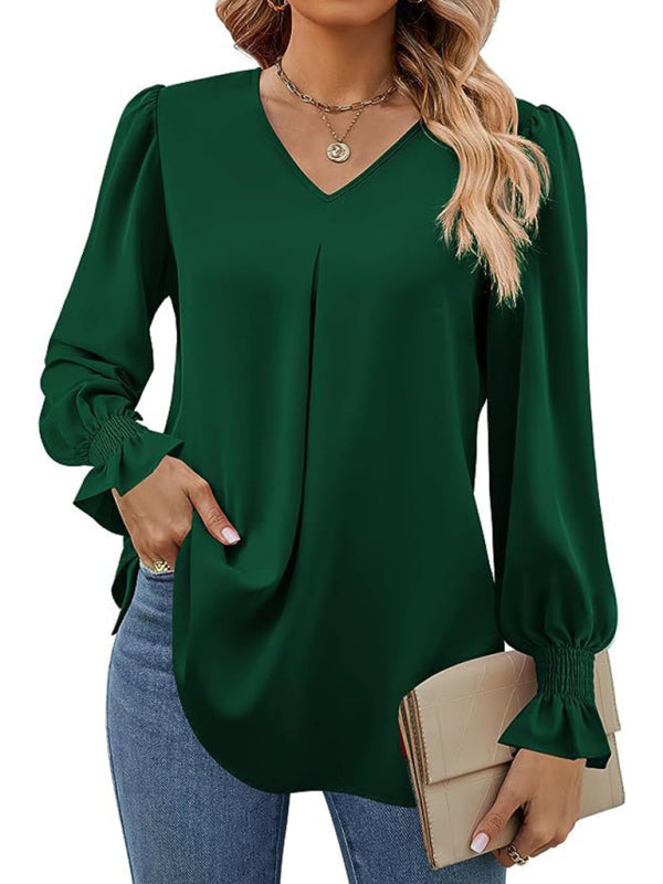 Blouses- Romantic V-Neck Chiffon Blouse with Ruffle Cuffs- Green- IndioGear Women Clothing