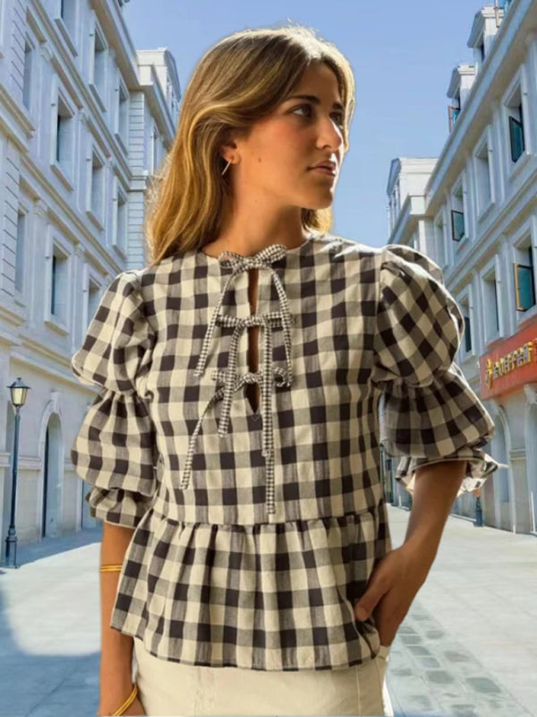 Blouses- Romantic Women's Lantern Sleeve Plaid Blouse in Gingham Cotton- Black- IndioGear Fashion and Gear