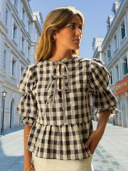 Blouses- Romantic Women's Lantern Sleeve Plaid Blouse in Gingham Cotton- Black- IndioGear Fashion and Gear