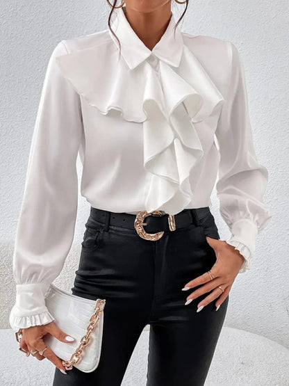 Blouses- Ruffle Front Blouse Long Sleeve Women Shirt for Business- - IndioGear Women Clothing