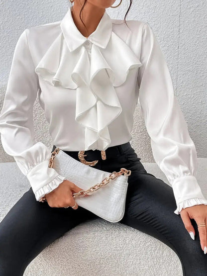 Blouses- Ruffle Front Blouse Long Sleeve Women Shirt for Business- - IndioGear Women Clothing