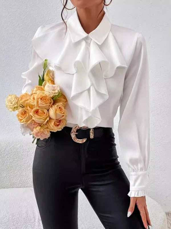 Blouses- Ruffle Front Blouse Long Sleeve Women Shirt for Business- White- IndioGear Women Clothing